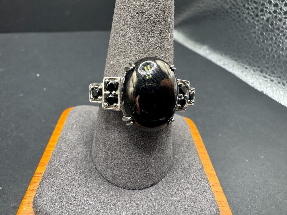 D'Joy Sterling Silver 925 Black Onyx Cabochon Spinel Cocktail Ring Sz 10.25